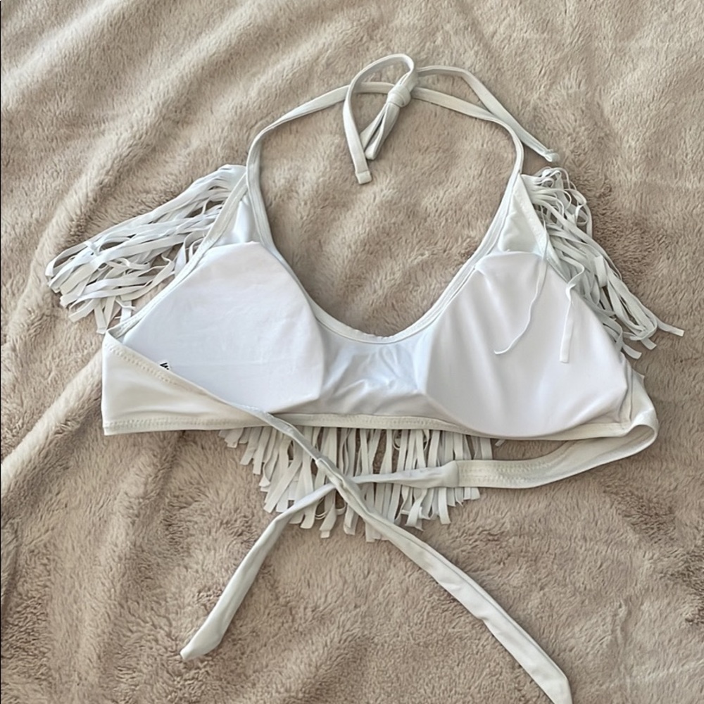 Womens fringe bikini top. White.